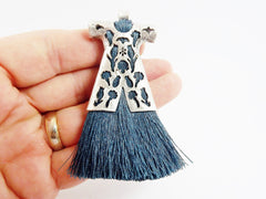 Peacock Blue Silk Thread Turkish Caftan Tassel Pendant - Matte Antique Silver Plated - 1PC