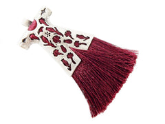 Burgundy Silk Thread Turkish Caftan Tassel Pendant - Matte Antique Silver Plated - 1PC