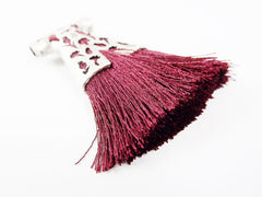 Burgundy Silk Thread Turkish Caftan Tassel Pendant - Matte Antique Silver Plated - 1PC