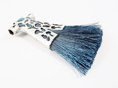 Peacock Blue Silk Thread Turkish Caftan Tassel Pendant - Matte Antique Silver Plated - 1PC