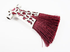 Burgundy Silk Thread Turkish Caftan Tassel Pendant - Matte Antique Silver Plated - 1PC