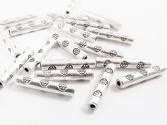 20 Long Thin Flower Stamped Tube Beads Spacers - Matte Silver Plated Brass