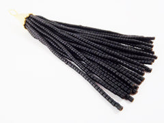 Black Afghan Tibetan Heishi Tube Beaded Tassel - Handmade - Textured 22k Matte Gold Plated Cap - 92mm = 3.62inches  -1PC