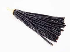 Black Afghan Tibetan Heishi Tube Beaded Tassel - Handmade - Textured 22k Matte Gold Plated Cap - 92mm = 3.62inches  -1PC