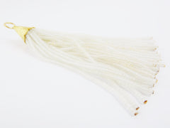Transparent Frosted Clear White Afghan Tibetan Heishi Tube Handmade Beaded Tassel Textured 22k Matte Gold Plated Cap - 92mm = 3.62inches 1PC