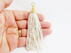 Transparent Frosted Clear White Afghan Tibetan Heishi Tube Handmade Beaded Tassel Textured 22k Matte Gold Plated Cap - 92mm = 3.62inches 1PC