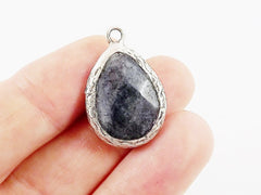 Smoky Black Teardrop Jade Pendant  - Matte Antique Silver Plated - 1pc