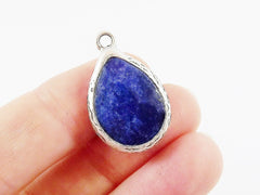 Navy Blue Teardrop Jade Pendant  - Matte Antique Silver Plated - 1pc