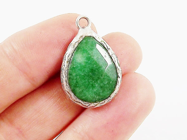 Emerald Green Teardrop Jade Pendant  - Matte Antique Silver Plated - 1pc