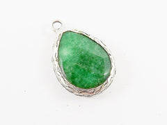 Emerald Green Teardrop Jade Pendant  - Matte Antique Silver Plated - 1pc