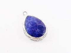 Navy Blue Teardrop Jade Pendant  - Matte Antique Silver Plated - 1pc