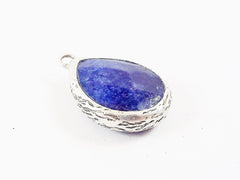 Navy Blue Teardrop Jade Pendant  - Matte Antique Silver Plated - 1pc