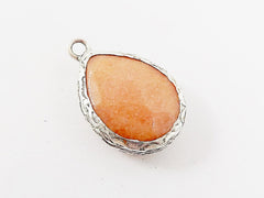 Orange Teardrop Jade Pendant  - Matte Antique Silver Plated - 1pc