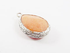 Orange Teardrop Jade Pendant  - Matte Antique Silver Plated - 1pc