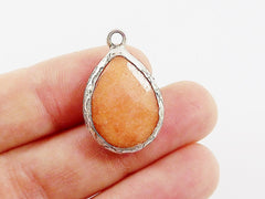 Orange Teardrop Jade Pendant  - Matte Antique Silver Plated - 1pc