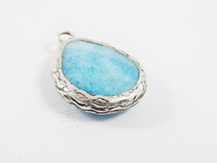 Mottled Cyan Blue Teardrop Jade Pendant  - Matte Antique Silver Plated - 1pc