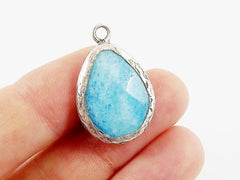 Mottled Cyan Blue Teardrop Jade Pendant  - Matte Antique Silver Plated - 1pc