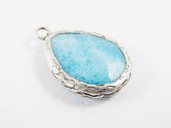 Mottled Cyan Blue Teardrop Jade Pendant  - Matte Antique Silver Plated - 1pc