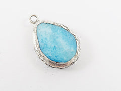 Mottled Cyan Blue Teardrop Jade Pendant  - Matte Antique Silver Plated - 1pc