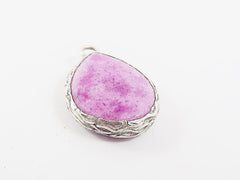 Mottled Lavender Purple Teardrop Jade Pendant  - Matte Antique Silver Plated - 1pc