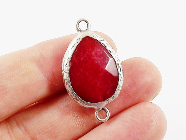 Red Teardrop Jade Connector - Matte Antique Silver Plated - 1pc
