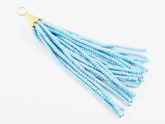 Cool Blue Afghan Tibetan Heishi Tube Beaded Tassel - Handmade - Textured 22k Matte Gold Plated Cap - 92mm = 3.62inches  -1PC