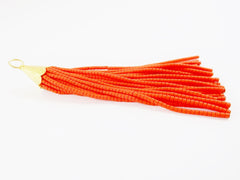 Tangerine Orange Afghan Tibetan Heishi Tube Beaded Tassel - Handmade - Textured 22k Matte Gold Plated Cap - 92mm = 3.62inches  -1PC