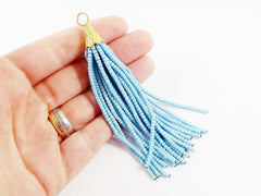 Cool Blue Afghan Tibetan Heishi Tube Beaded Tassel - Handmade - Textured 22k Matte Gold Plated Cap - 92mm = 3.62inches  -1PC