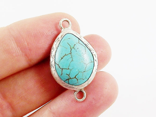 NEW Turquoise Teardrop Stone Smooth Connector  - Matte Antique Silver plated Bezel - 1pc