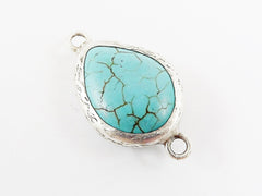 NEW Turquoise Teardrop Stone Smooth Connector  - Matte Antique Silver plated Bezel - 1pc