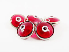 5 Translucent Red Evil Eye Nazar Artisan Glass Bead Charms - Silver Plated Brass Bezel