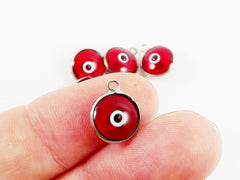 5 Translucent Red Evil Eye Nazar Artisan Glass Bead Charms - Silver Plated Brass Bezel