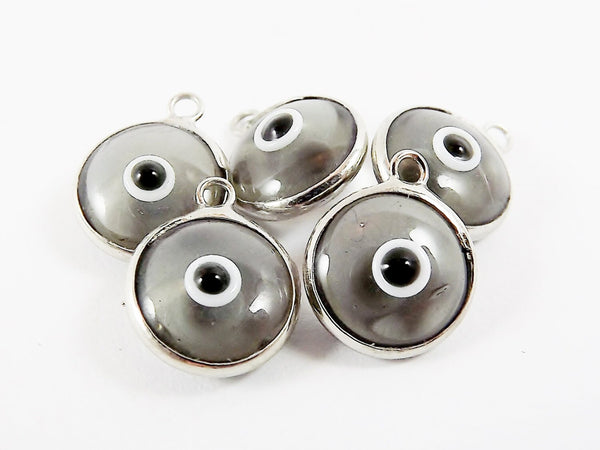 5 Translucent Gray Evil Eye Nazar Artisan Glass Bead Charms - Silver Plated Brass Bezel