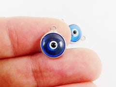 5 Translucent Cyan Blue Evil Eye Nazar Artisan Glass Bead Charms - Silver Plated Brass Bezel