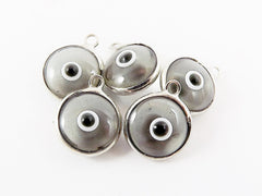 5 Translucent Gray Evil Eye Nazar Artisan Glass Bead Charms - Silver Plated Brass Bezel