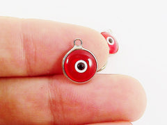 5 Translucent Poppy Red Evil Eye Nazar Artisan Glass Bead Charms - Silver Plated Brass Bezel