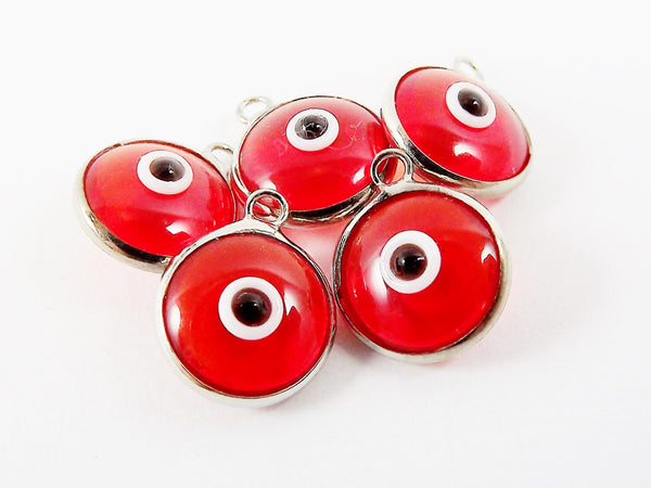 5 Translucent Poppy Red Evil Eye Nazar Artisan Glass Bead Charms - Silver Plated Brass Bezel