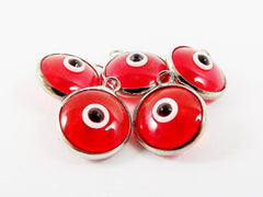 5 Translucent Poppy Red Evil Eye Nazar Artisan Glass Bead Charms - Silver Plated Brass Bezel