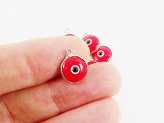 5 Opaque Poppy Red Evil Eye Nazar Artisan Glass Bead Charms - Silver Plated Brass Bezel - GCM112