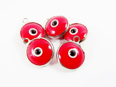 5 Opaque Poppy Red Evil Eye Nazar Artisan Glass Bead Charms - Silver Plated Brass Bezel - GCM112