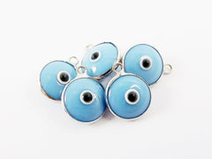 5 Opaque Blue Evil Eye Nazar Artisan Glass Bead Charms - Silver Plated Brass Bezel - GCM112