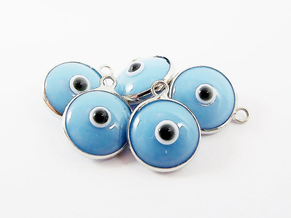 5 Opaque Blue Evil Eye Nazar Artisan Glass Bead Charms - Silver Plated Brass Bezel - GCM112