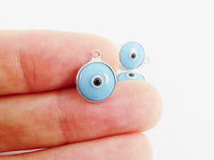 5 Opaque Blue Evil Eye Nazar Artisan Glass Bead Charms - Silver Plated Brass Bezel - GCM112