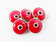 5 Opaque Poppy Red Evil Eye Nazar Artisan Glass Bead Charms - Silver Plated Brass Bezel - GCM112