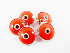 5 Opaque Tangerine Orange Evil Eye Nazar Artisan Glass Bead Charms - Silver Plated Brass Bezel - GCM112