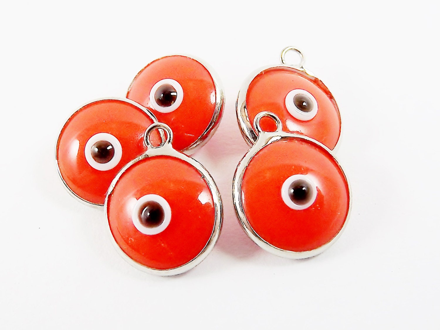 5 Opaque Tangerine Orange Evil Eye Nazar Artisan Glass Bead Charms - Silver Plated Brass Bezel - GCM112