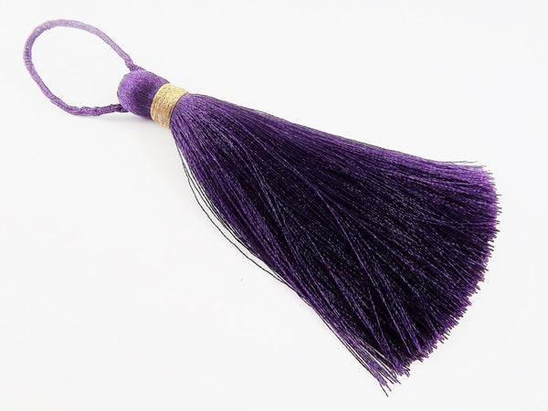 Large Thick Deep Purple Thread Tassels - Gold Metallic Band -  4.4 inches - 113mm - 1 pc