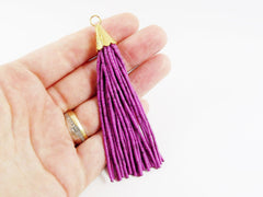 Purple Orchid Afghan Tibetan Heishi Tube Beaded Tassel - Handmade - Textured 22k Matte Gold Plated Cap - 92mm = 3.62inches  -1PC