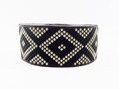 Geometric Dotted Diamond Woven Embroidered Jacquard Trim Ribbon - Black Light Gold - 34mm - 1 Meter  or 3.3 Feet or 1.09 Yards