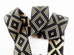 Geometric Dotted Diamond Woven Embroidered Jacquard Trim Ribbon - Black Light Gold - 34mm - 1 Meter  or 3.3 Feet or 1.09 Yards